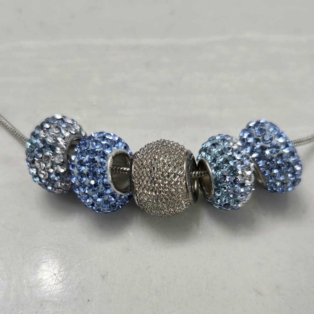 Blue Crystal Bead Charm Necklace - 925 Sterling Silver